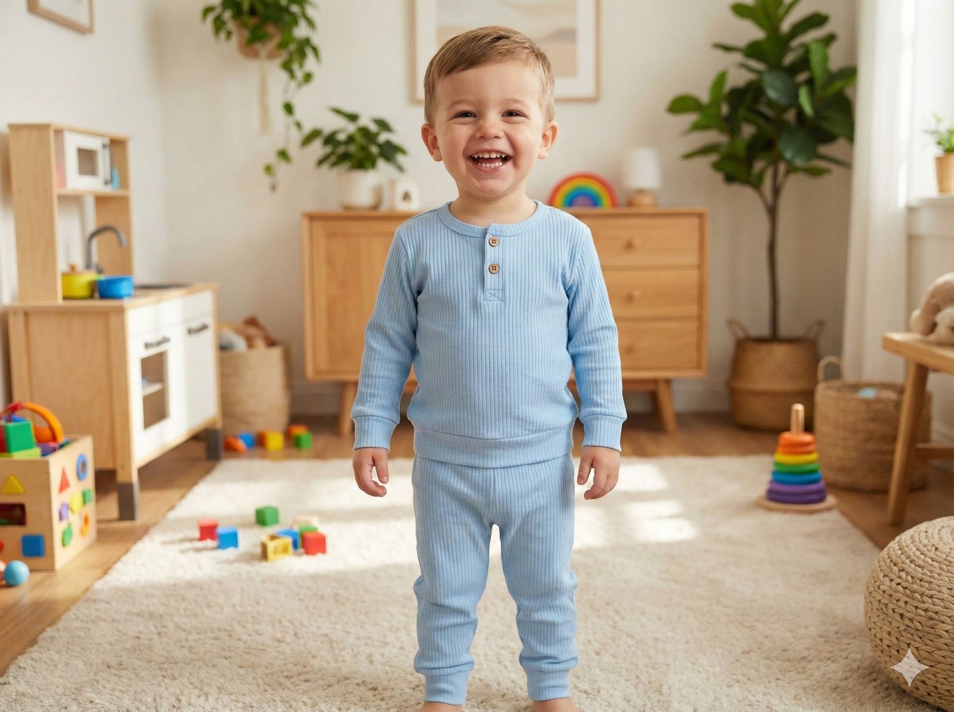 %100 Pamuk Düğme Detaylı Erkek Bebek Takımı