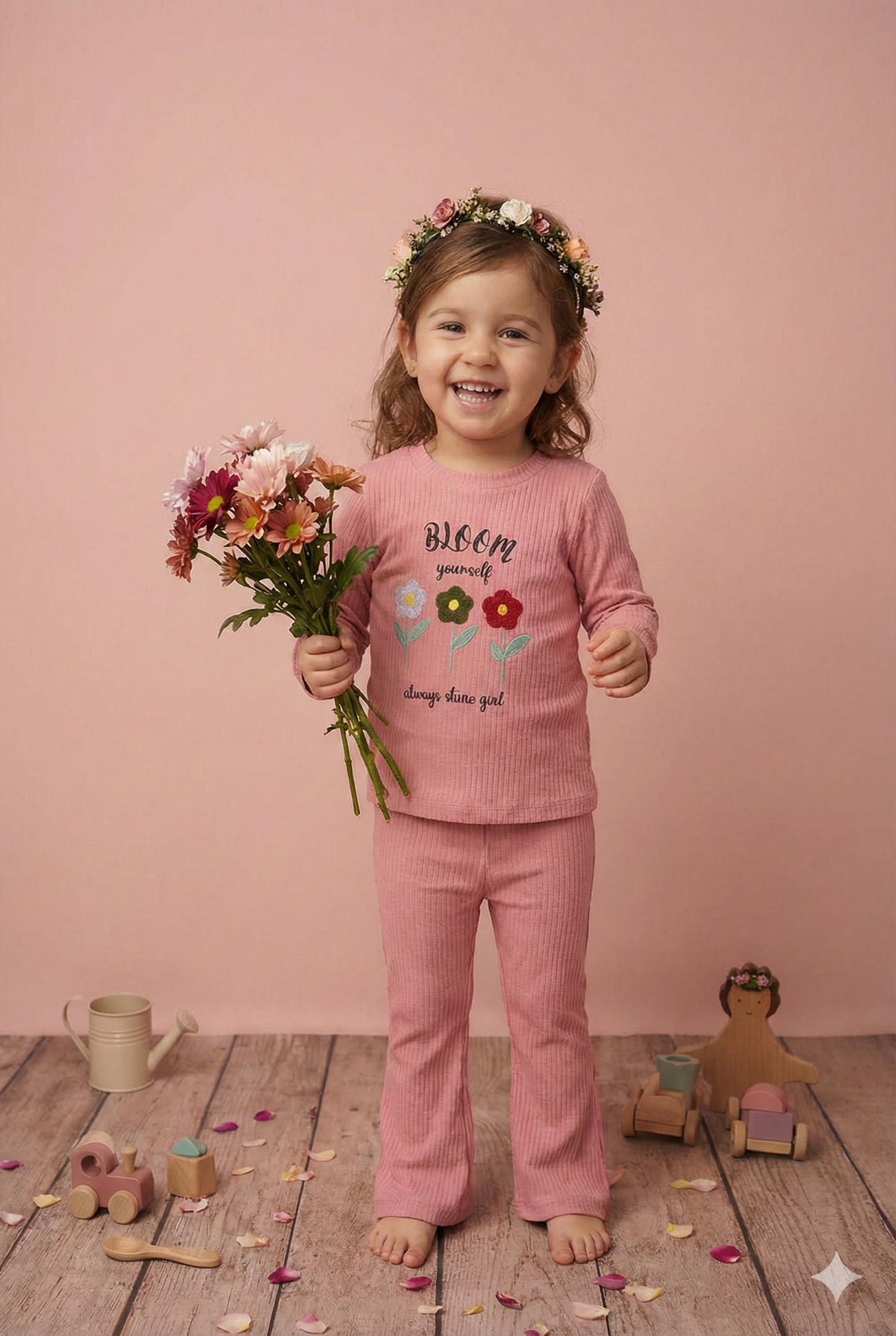 Çiçek Nakışlı %100 Pamuk Kız Çocuk Takım