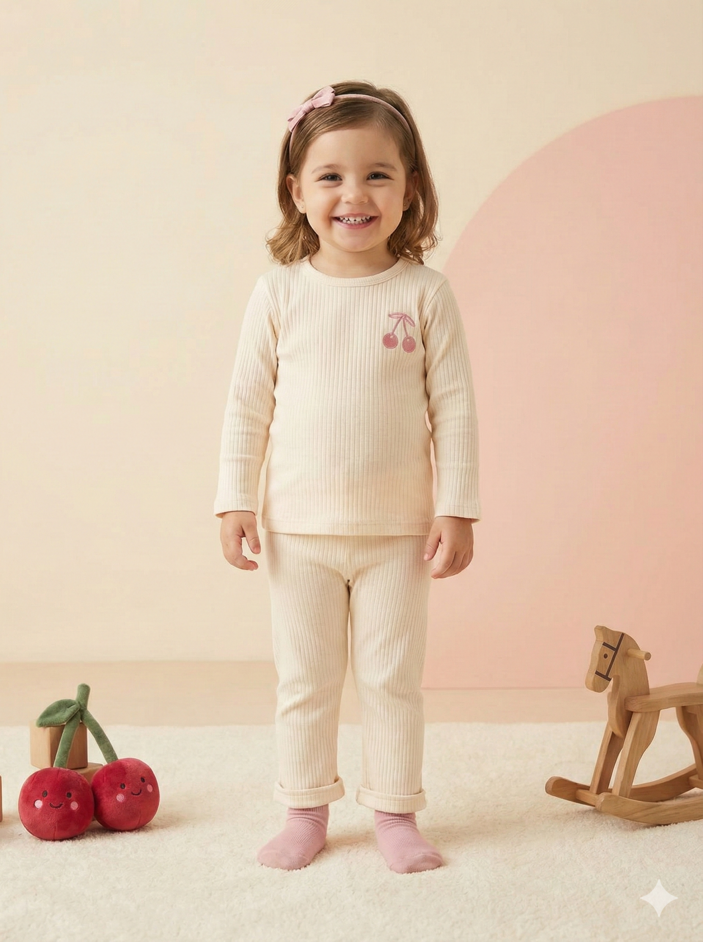 Kız Bebek&Çocuk Kiraz Nakışlı 2'li Takım 6-9 Ay - Krem