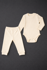 %100 Pamuk Erkek Zıbınlı Body Ve Pantolon 2'li Takım 6-9 Ay - Krem