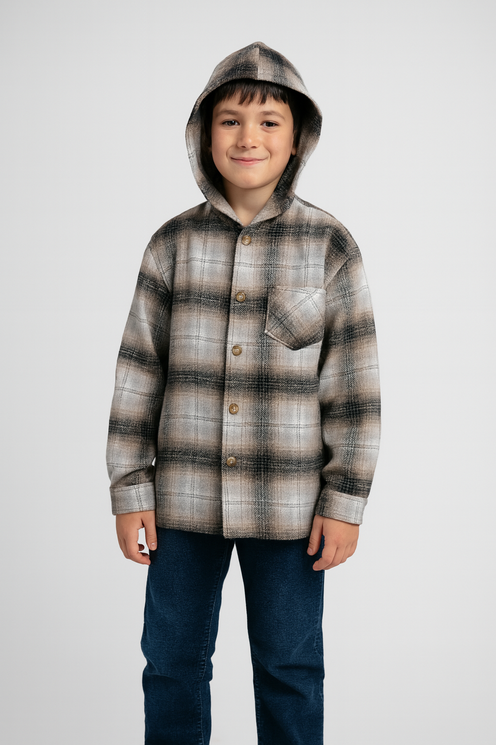 Erkek Çocuk Pamuklu Ekose Oduncu Gömlek Rahat Kalıp Kapüşonlu