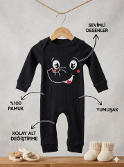 %100 Pamuk Unisex 3-6-9 Ay Yenidoğan Hediyelik Bebek Tulum 3-6 Ay - Siyah