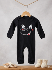 %100 Pamuk Unisex 3-6-9 Ay Yenidoğan Hediyelik Bebek Tulum 6-9 Ay - Siyah