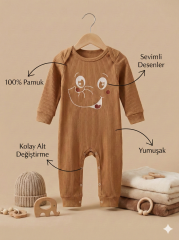 %100 Pamuk Unisex 3-6-9 Ay Yenidoğan Hediyelik Bebek Tulum 3-6 Ay - Kahverengi