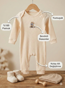 %100 Pamuk Kız Yenidoğan Hediyelik Bebek Tulum 3-6 Ay - Krem