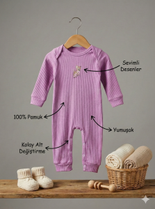 %100 Pamuk Kız Yenidoğan Hediyelik Bebek Tulum 6-9 Ay - Mor
